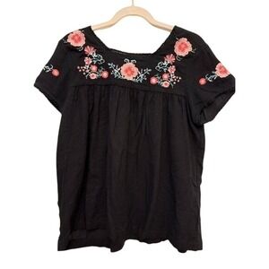 Andree Black Boho Peasant Top with Coral Floral Embroidery Size Small